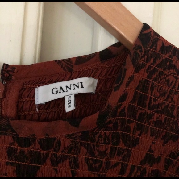 Ganni Revolve Beaumont Rust Black Smocked Dress - Picture 3 of 8